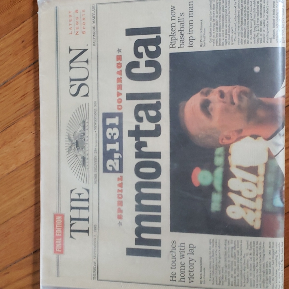 Cal Ripken, final edition The Sun special cover coverage. Dated Sunday 9/7/1995